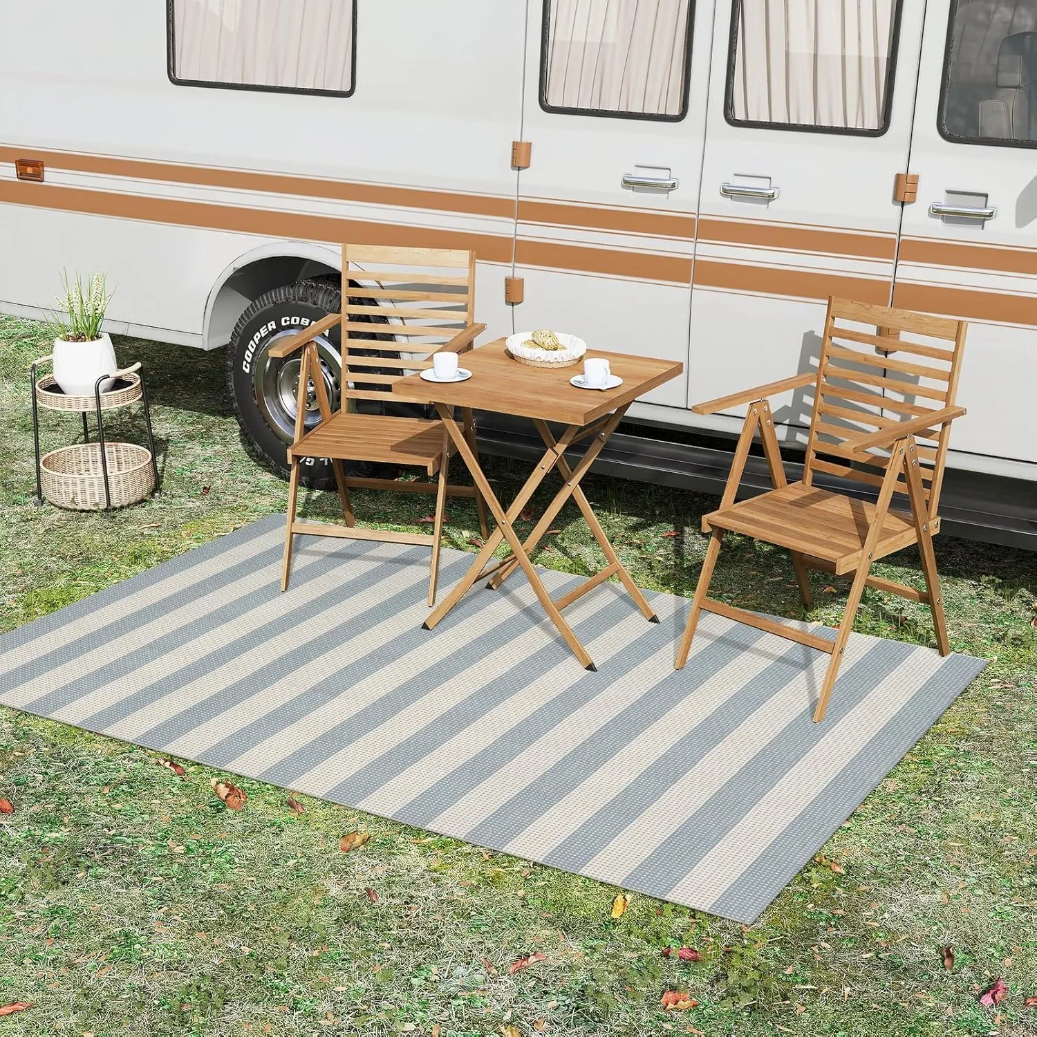 OJIA Blue and White Striped Area Rug 5'x7' Outdoor Rug, Washable Patio Rug Farmhouse Cotton Woven Bedroom Rugs Indoor Outdoor Rugs Living Room Carpet for Dining Room Deck Backyard Camping
