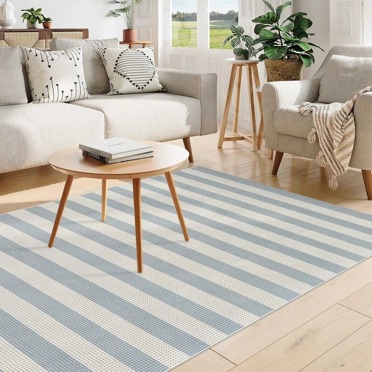 OJIA Blue and White Striped Area Rug 5'x7' Outdoor Rug, Washable Patio Rug Farmhouse Cotton Woven Bedroom Rugs Indoor Outdoor Rugs Living Room Carpet for Dining Room Deck Backyard Camping
