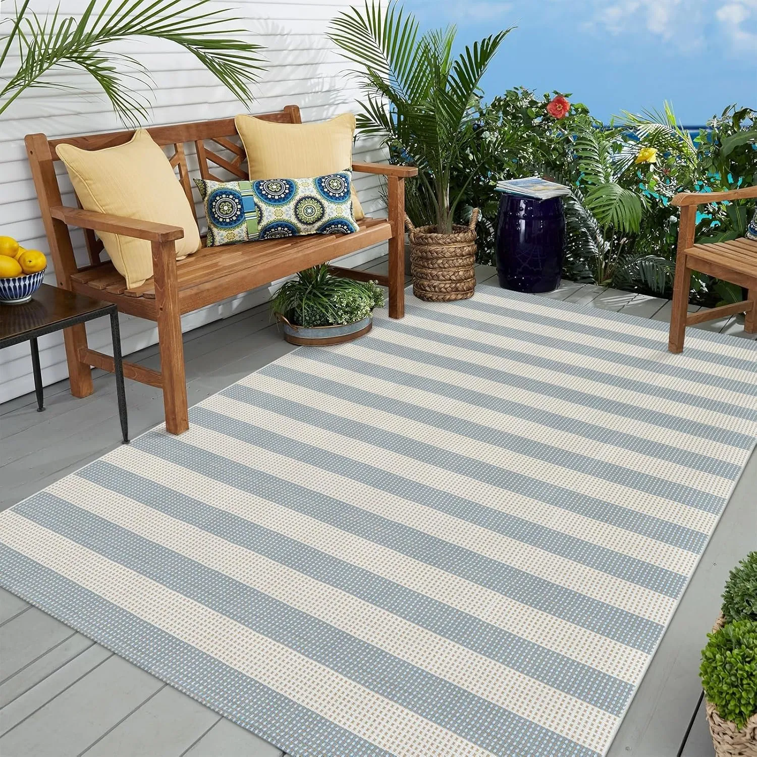 OJIA Blue and White Striped Area Rug 5'x7' Outdoor Rug, Washable Patio Rug Farmhouse Cotton Woven Bedroom Rugs Indoor Outdoor Rugs Living Room Carpet for Dining Room Deck Backyard Camping