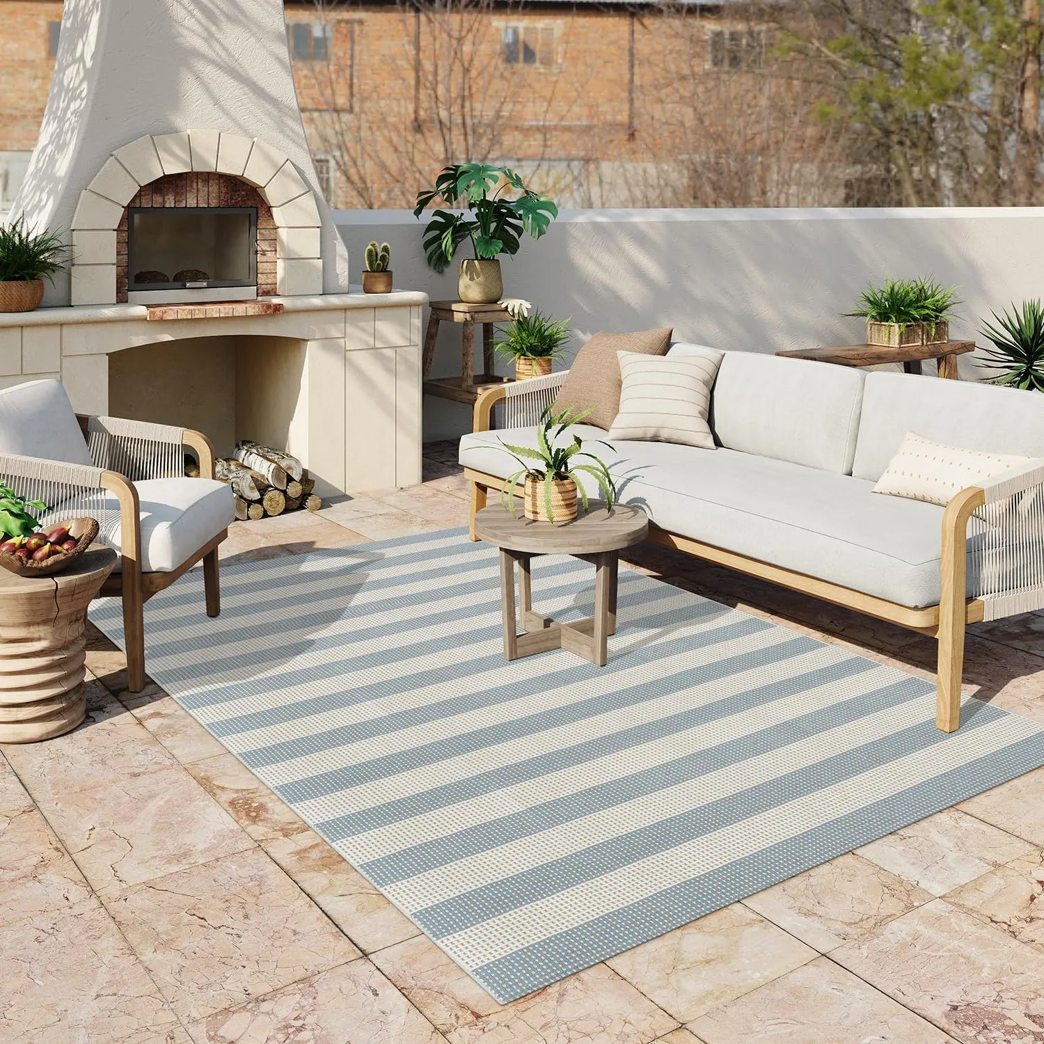 OJIA Blue and White Striped Area Rug 5'x7' Outdoor Rug, Washable Patio Rug Farmhouse Cotton Woven Bedroom Rugs Indoor Outdoor Rugs Living Room Carpet for Dining Room Deck Backyard Camping