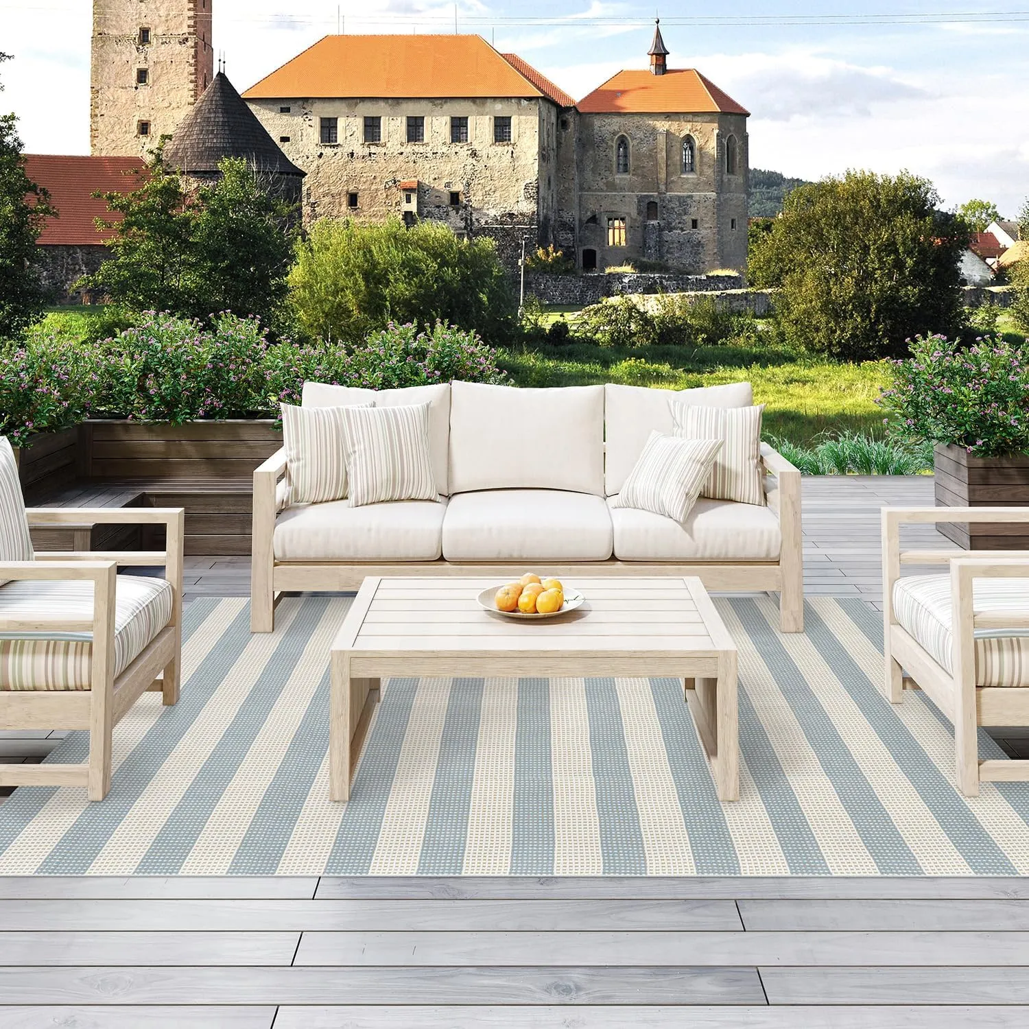 OJIA Blue and White Striped Area Rug 5'x7' Outdoor Rug, Washable Patio Rug Farmhouse Cotton Woven Bedroom Rugs Indoor Outdoor Rugs Living Room Carpet for Dining Room Deck Backyard Camping