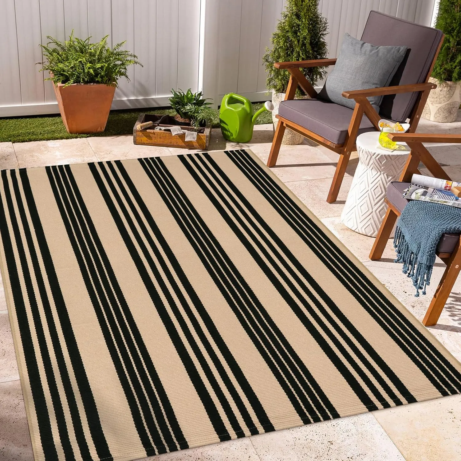 OJIA Outdoor Area Rugs 4'x6', Black and Tan Outdoor Rug Machine Washable Patio Rugs Cotton Hand Woven Entryway Rug Indoor Rugs for Bedroom/Porch/Deck/Backyard/Camping/Living Room