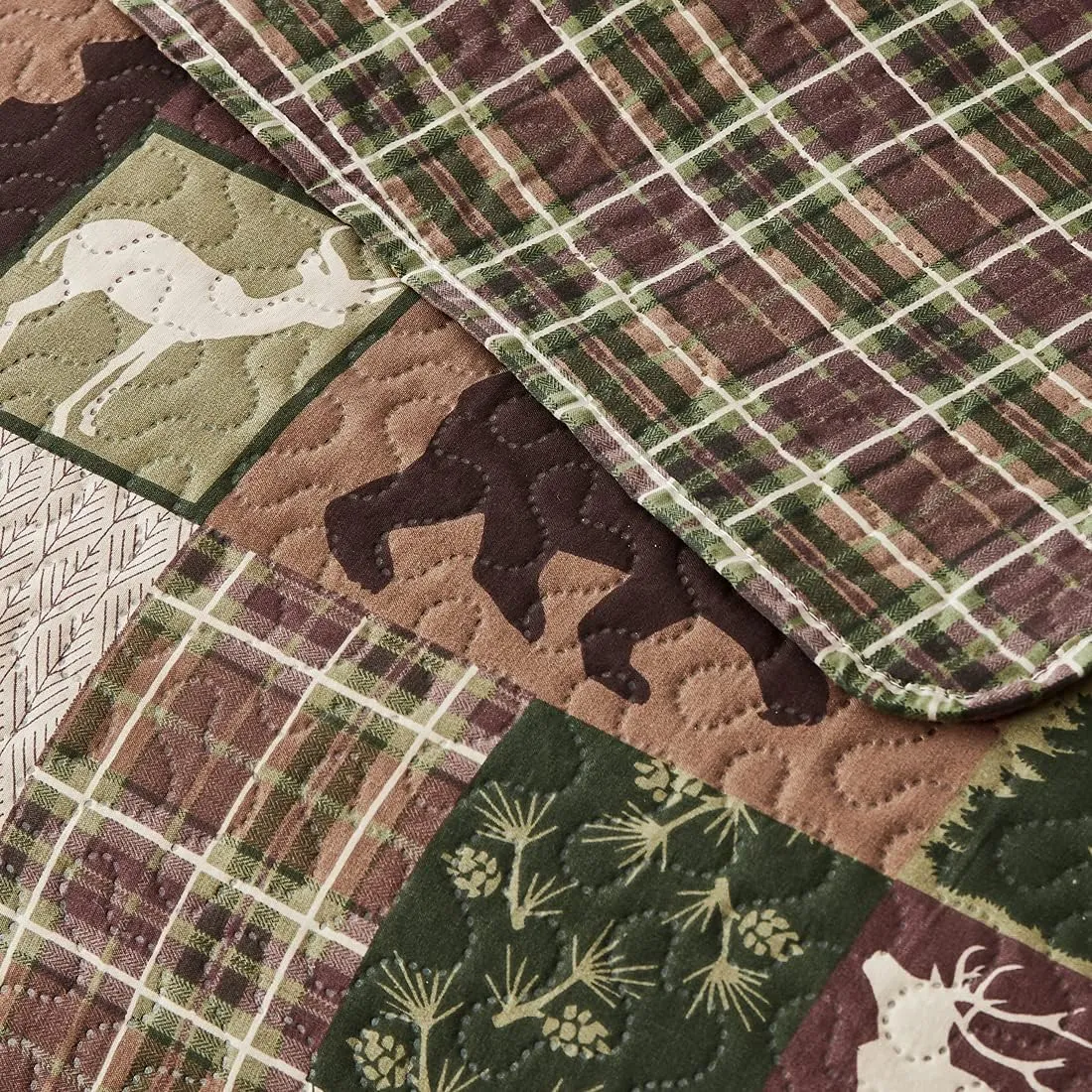 Oliven Reversible Lodge Plaid Bedding Moose Bear Quilt Full/Queen Size Rustic Bedspread Cabin Coverlet Wildlife Forest Daybed Cover Summer Lightweight Bed Cover Pillow Shams