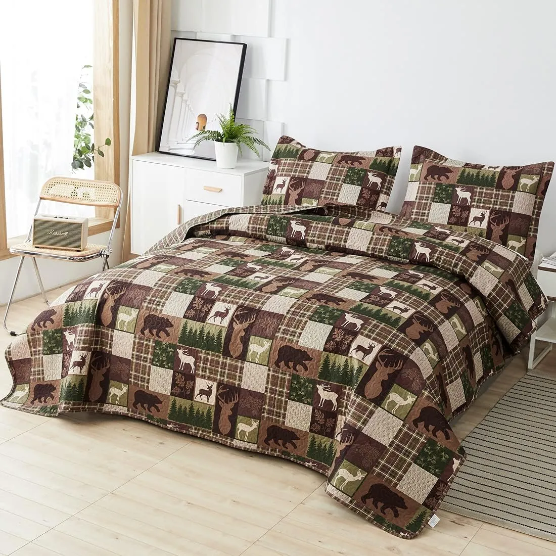 Oliven Reversible Lodge Plaid Bedding Moose Bear Quilt Full/Queen Size Rustic Bedspread Cabin Coverlet Wildlife Forest Daybed Cover Summer Lightweight Bed Cover Pillow Shams