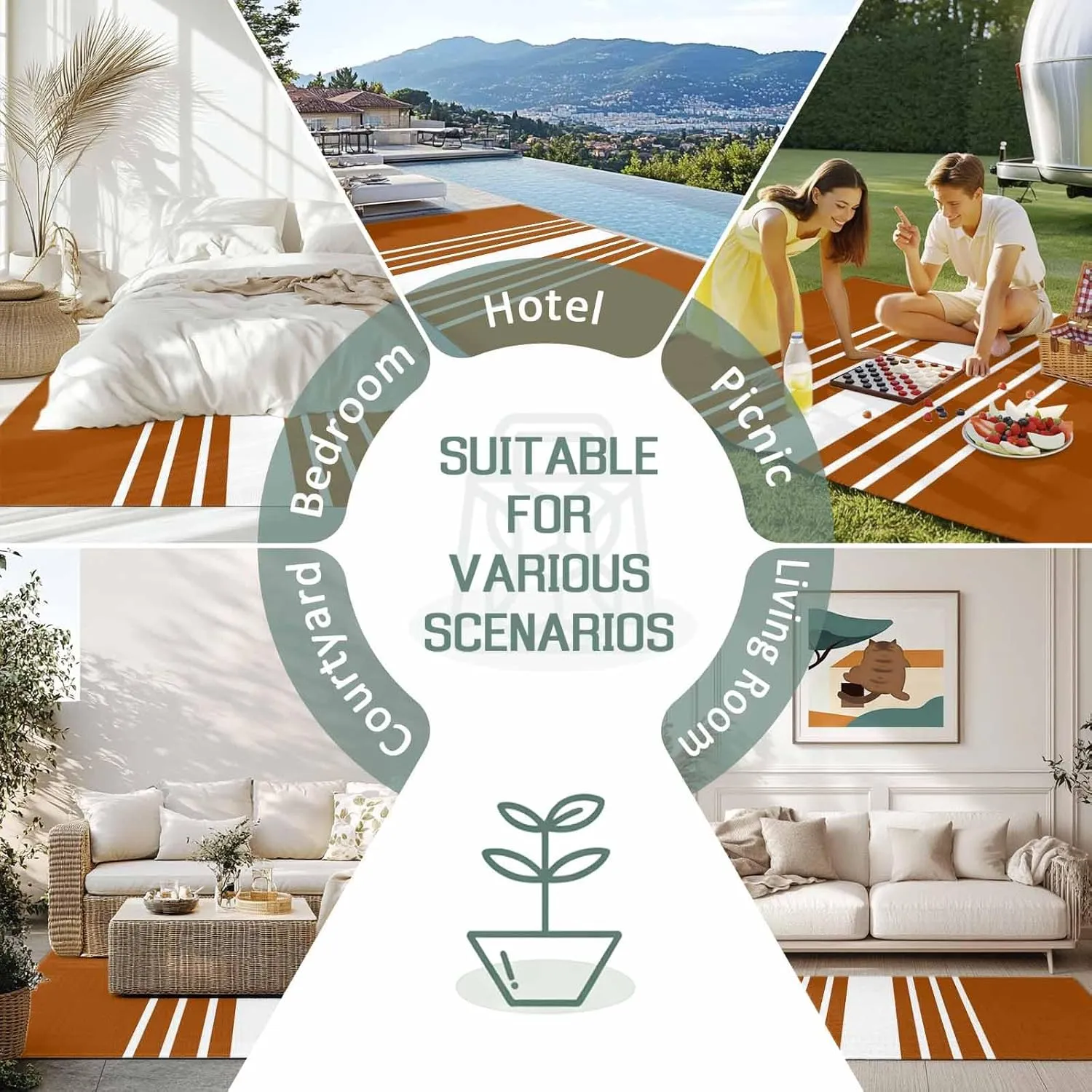 Orange White Outdoor Rug 6x9ft Large Patio Rug,Washable RV Camping Outside Area Runner Rug Mat,Modern Striped Monochrome Geometric Simple Carpet for Picnic Backyard Deck Porch Balcony Beach & Indoor
