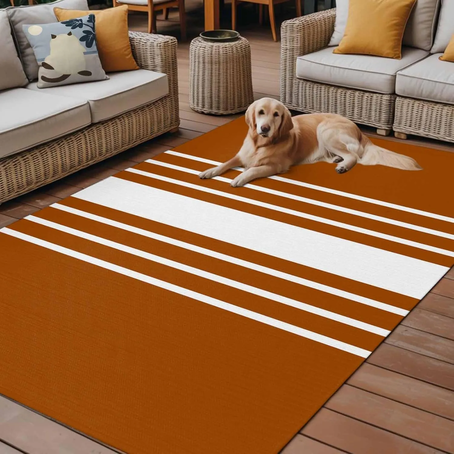 Orange White Outdoor Rug 6x9ft Large Patio Rug,Washable RV Camping Outside Area Runner Rug Mat,Modern Striped Monochrome Geometric Simple Carpet for Picnic Backyard Deck Porch Balcony Beach & Indoor