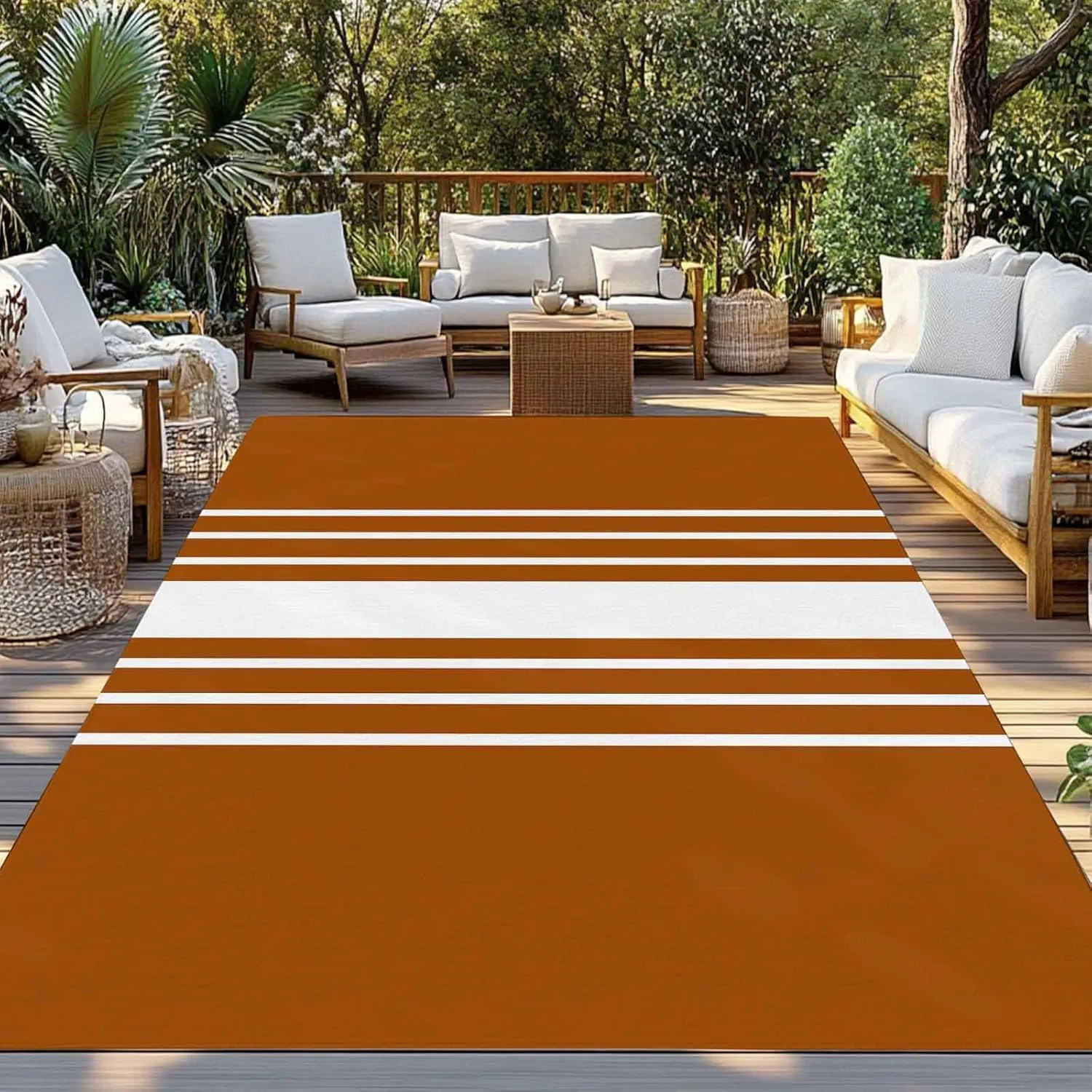 Orange White Outdoor Rug 6x9ft Large Patio Rug,Washable RV Camping Outside Area Runner Rug Mat,Modern Striped Monochrome Geometric Simple Carpet for Picnic Backyard Deck Porch Balcony Beach & Indoor