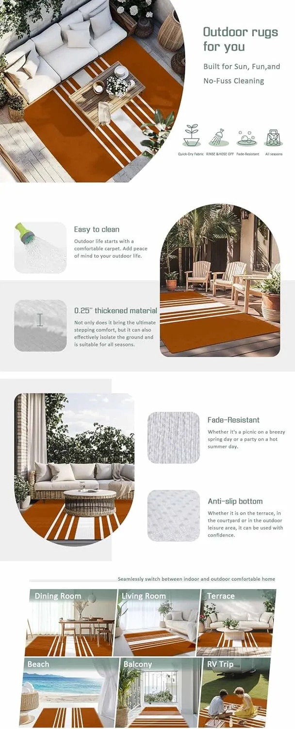 Orange White Outdoor Rug 6x9ft Large Patio Rug,Washable RV Camping Outside Area Runner Rug Mat,Modern Striped Monochrome Geometric Simple Carpet for Picnic Backyard Deck Porch Balcony Beach & Indoor