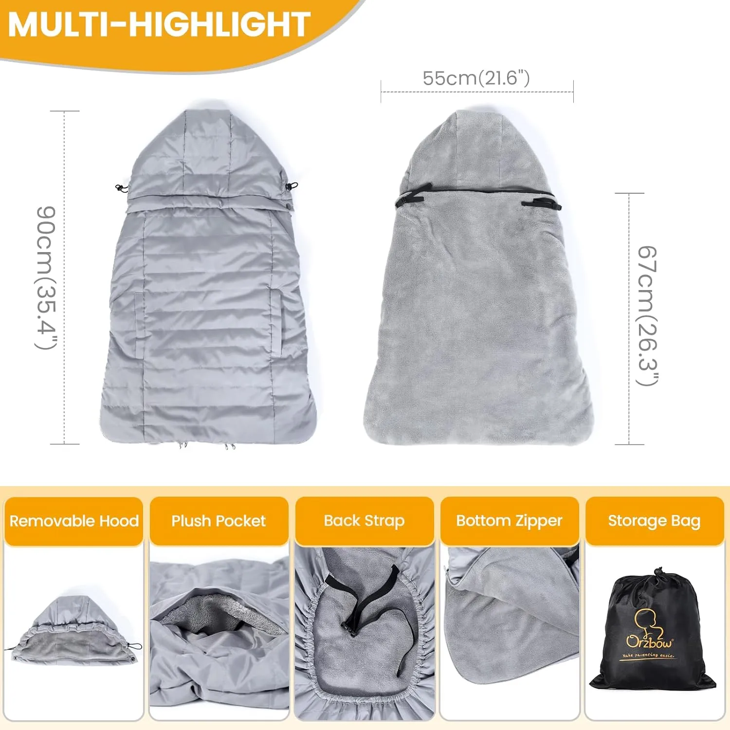 Orzbow Winter Baby Carrier Cover with Detachable Hood, Waterproof & Windproof, Universal for Baby Carriers and Baby Waist Stool, Baby Bunting Bag for Car Seats and Strollers with Storage Bag, Gray