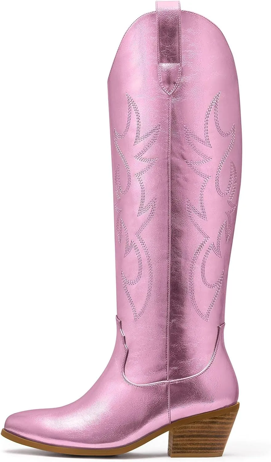 Ouepiano Cowboy Boots for Women Knee High Cowgirl Boots Embroidered Chunky Heels Pointed Toe Long Tall Western Boot Pull On