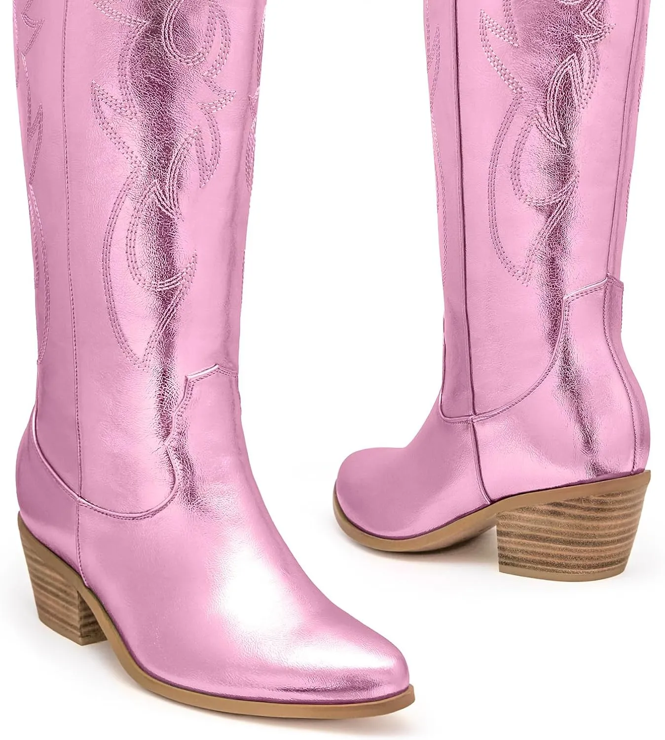 Ouepiano Cowboy Boots for Women Knee High Cowgirl Boots Embroidered Chunky Heels Pointed Toe Long Tall Western Boot Pull On