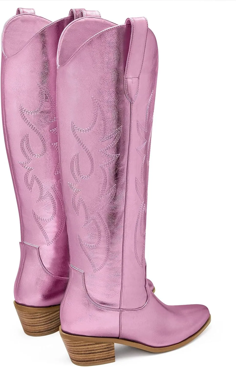 Ouepiano Cowboy Boots for Women Knee High Cowgirl Boots Embroidered Chunky Heels Pointed Toe Long Tall Western Boot Pull On