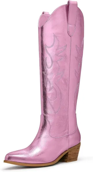 Ouepiano Cowboy Boots for Women Knee High Cowgirl Boots Embroidered Chunky Heels Pointed Toe Long Tall Western Boot Pull On