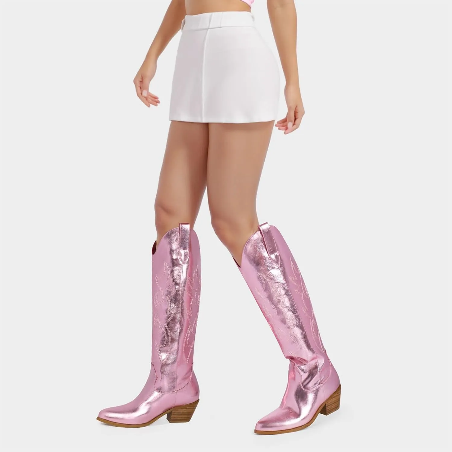 Ouepiano Cowboy Boots for Women Knee High Cowgirl Boots Embroidered Chunky Heels Pointed Toe Long Tall Western Boot Pull On