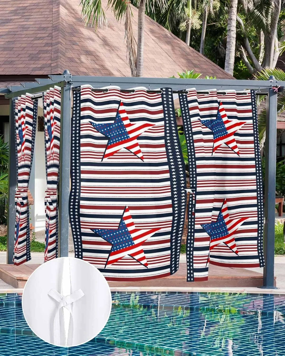 Outdoor Curtains for Patio Waterproof, 4th of July Outdoor Privacy Panels Grommet, Independence Day American Flag Star Striped Blackout Outside Curtains for Porch/Cabana 54"x108", 2 Panels
