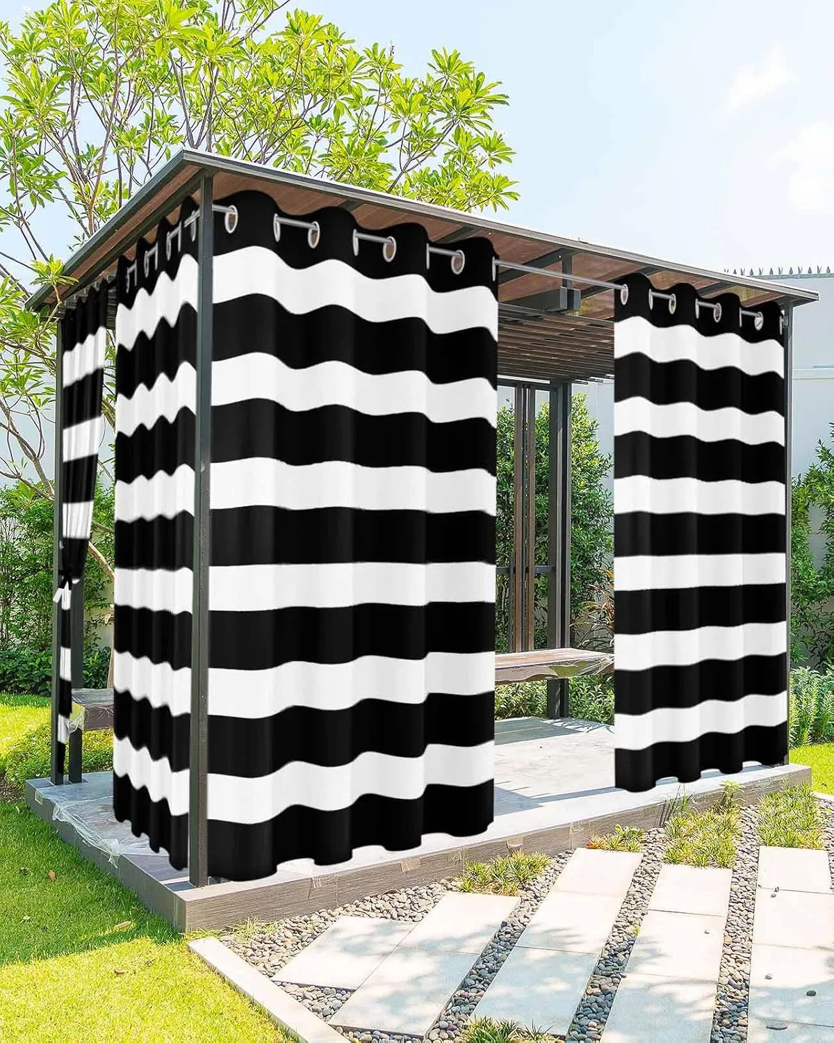 Outdoor Curtains for Patio Waterproof, Black Striped Outdoor Privacy Panels Grommet, Modern Farmhouse Stripe Blackout Outside Curtains for Porch/Cabana/Pergola/Gazebo 54"x84", 2 Panels