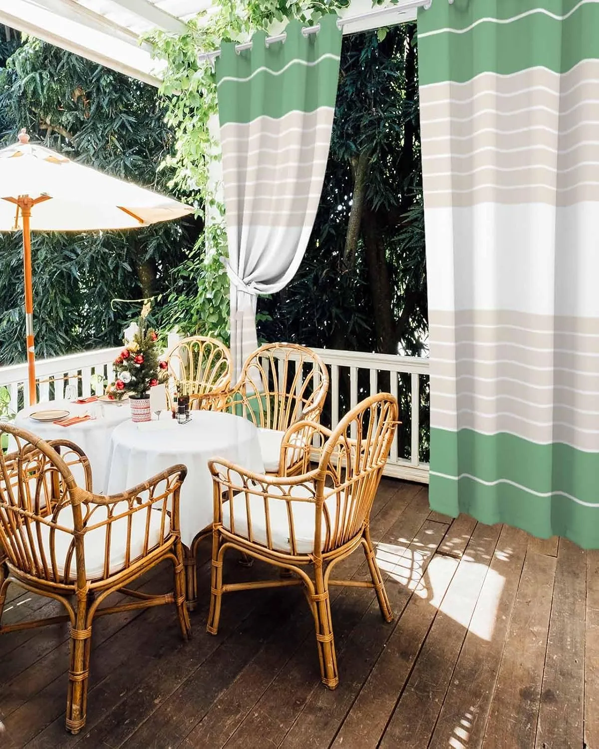 Outdoor Curtains for Patio Waterproof, Green Beige Stripe Outdoor Privacy Panels Grommet, Modern Art Horizontal Striped Blackout Outside Curtains for Porch/Cabana/Pergola 54"x95", 1 Panel