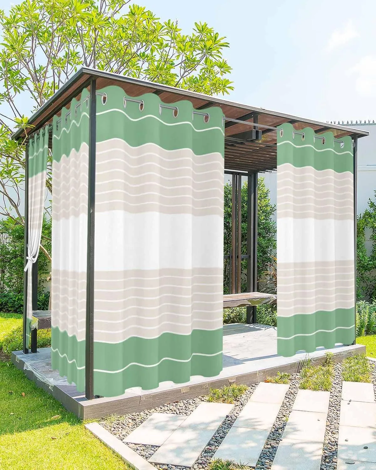 Outdoor Curtains for Patio Waterproof, Green Beige Stripe Outdoor Privacy Panels Grommet, Modern Art Horizontal Striped Blackout Outside Curtains for Porch/Cabana/Pergola 54"x95", 1 Panel