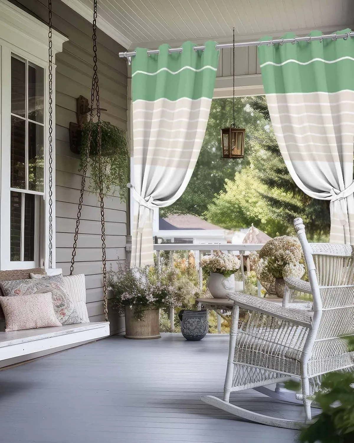 Outdoor Curtains for Patio Waterproof, Green Beige Stripe Outdoor Privacy Panels Grommet, Modern Art Horizontal Striped Blackout Outside Curtains for Porch/Cabana/Pergola 54"x95", 1 Panel
