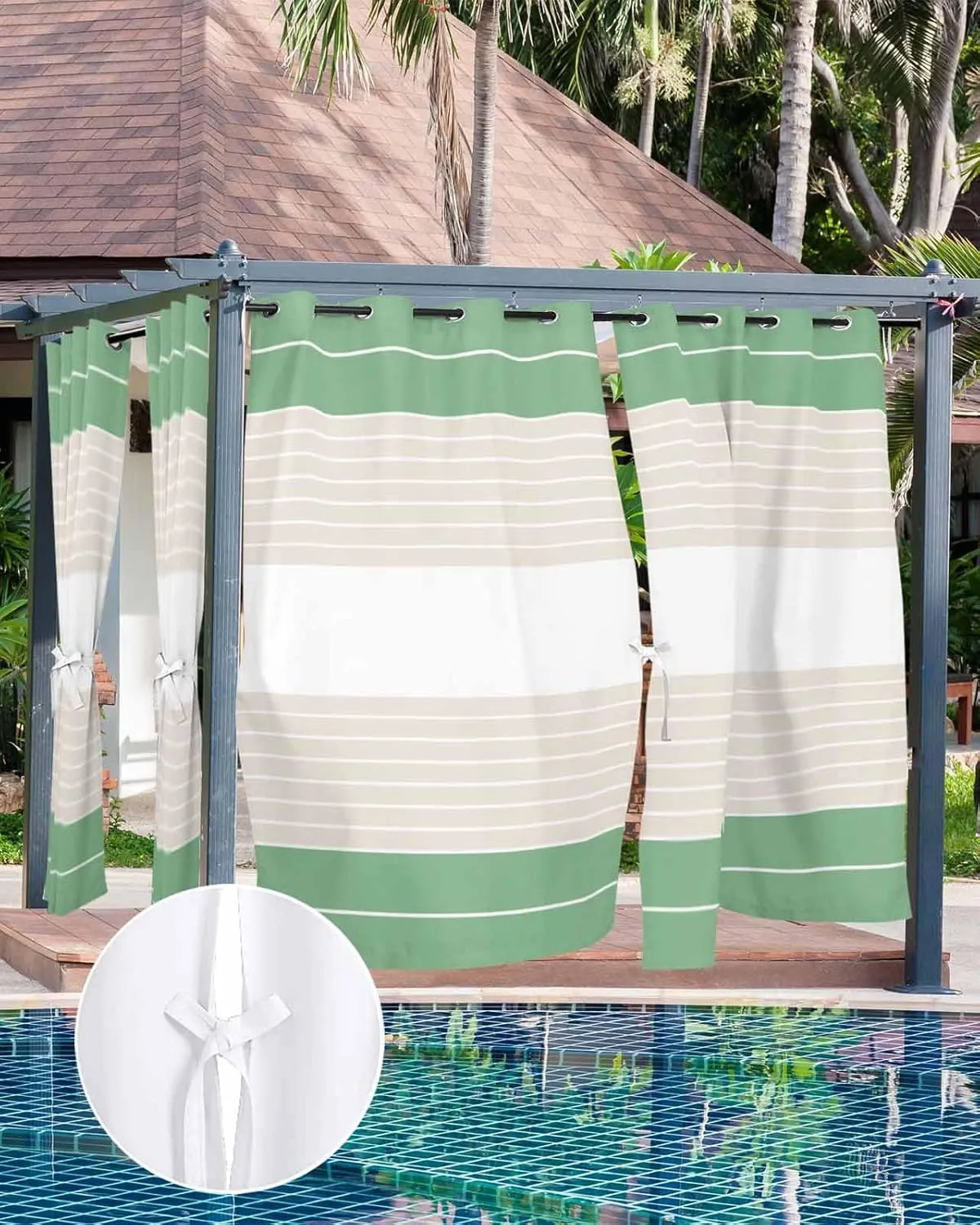 Outdoor Curtains for Patio Waterproof, Green Beige Stripe Outdoor Privacy Panels Grommet, Modern Art Horizontal Striped Blackout Outside Curtains for Porch/Cabana/Pergola 54"x95", 1 Panel