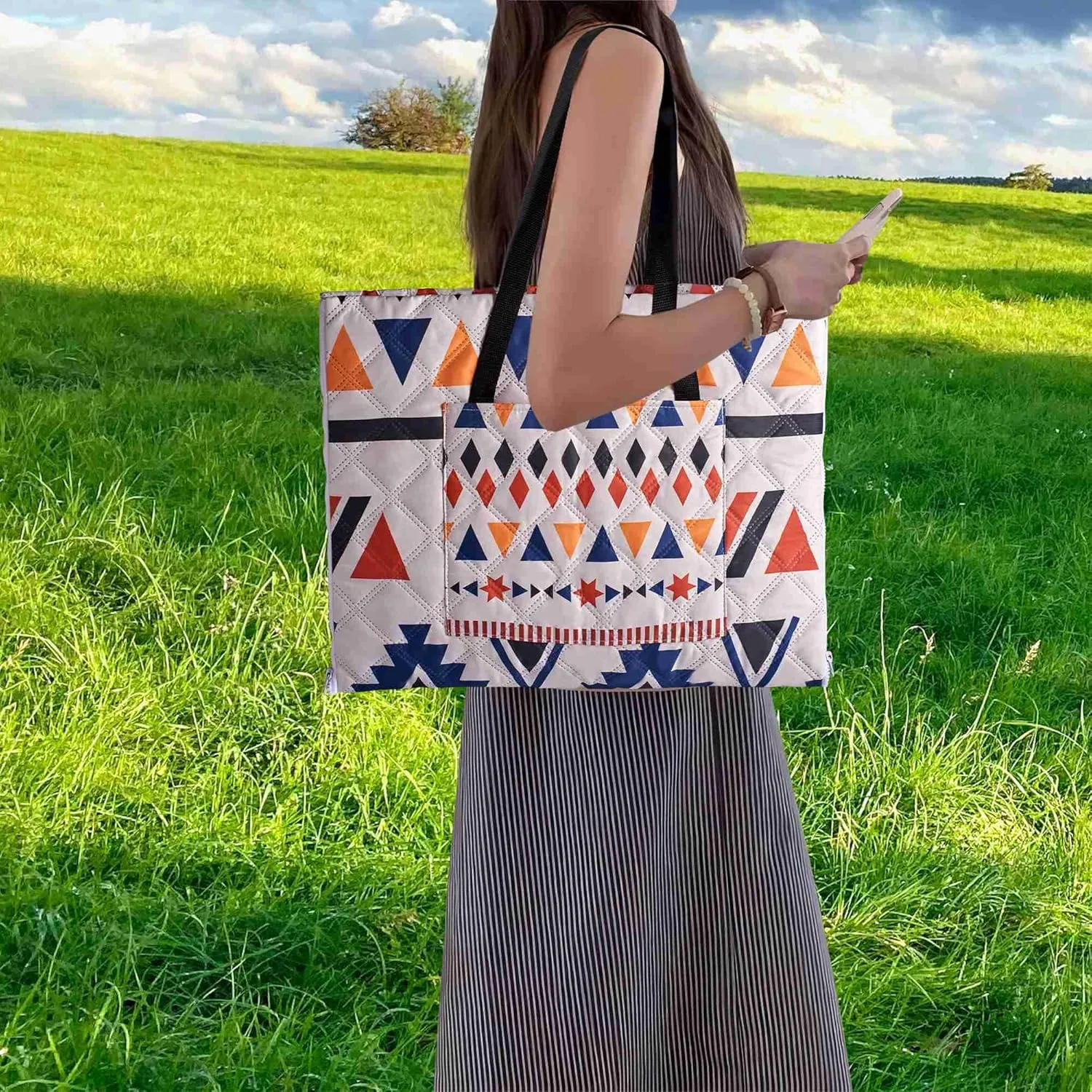 Outdoor Packable Picnic Blanket with Zipper Folds into Tote Bag with Large Storage and Shoulder Strap, Waterproof Sandproof for Lawn Beach Hiking Camping (colorful1, Large)