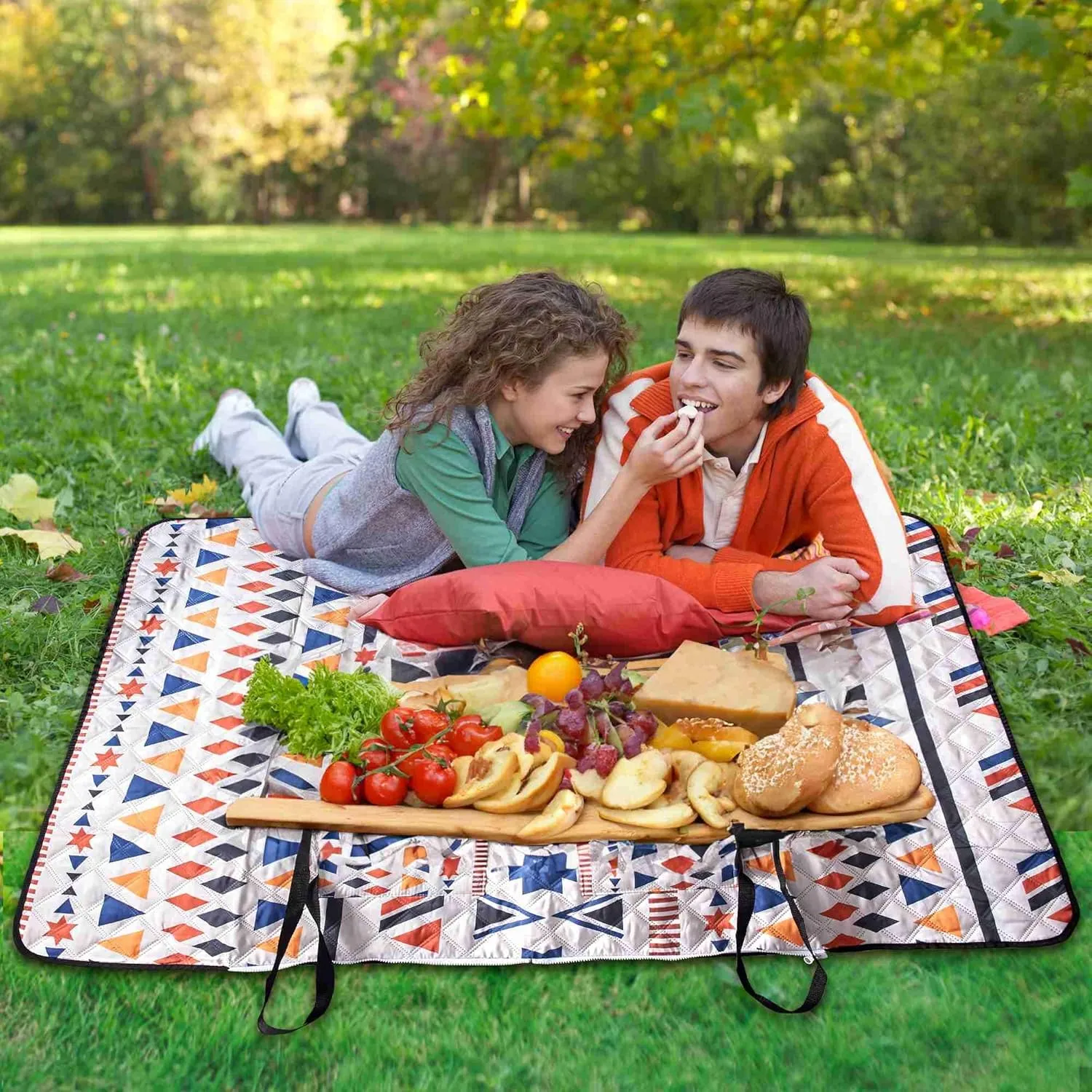 Outdoor Packable Picnic Blanket with Zipper Folds into Tote Bag with Large Storage and Shoulder Strap, Waterproof Sandproof for Lawn Beach Hiking Camping (colorful1, Large)