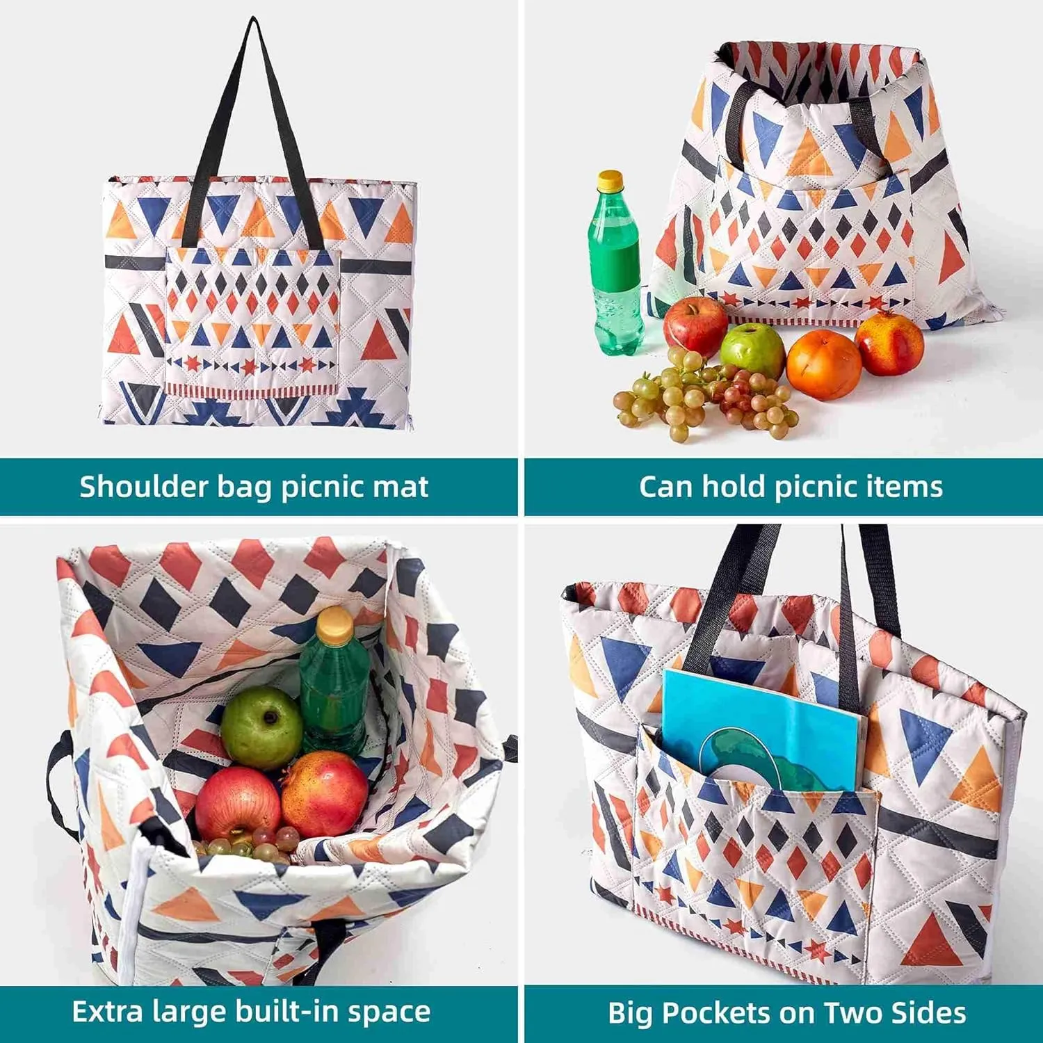 Outdoor Packable Picnic Blanket with Zipper Folds into Tote Bag with Large Storage and Shoulder Strap, Waterproof Sandproof for Lawn Beach Hiking Camping (colorful1, Large)