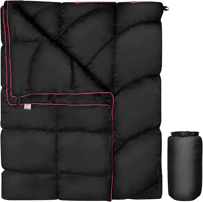 Outdoor Puffy Camping Blanket, Lightweight Down Alternative Puffy Printed Camping Large Ultra Warm Hammock Top Quilt Waterproof Blanket for Traveling Picnic Beach Party Cold Weather (black waves)