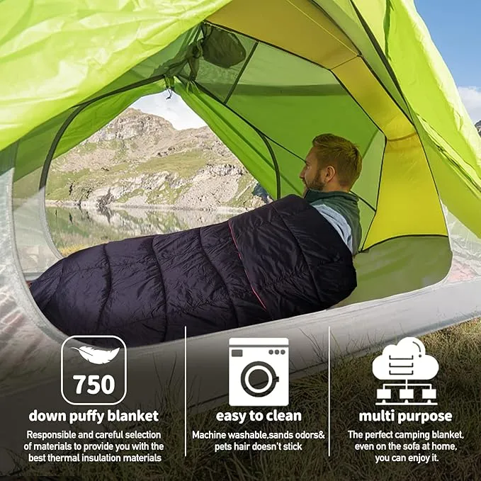 Outdoor Puffy Camping Blanket, Lightweight Down Alternative Puffy Printed Camping Large Ultra Warm Hammock Top Quilt Waterproof Blanket for Traveling Picnic Beach Party Cold Weather (black waves)