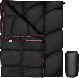 Outdoor Puffy Camping Blanket, Lightweight Down Alternative Puffy Printed Camping Large Ultra Warm Hammock Top Quilt Waterproof Blanket for Traveling Picnic Beach Party Cold Weather (black waves)