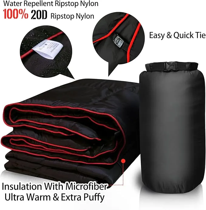 Outdoor Puffy Camping Blanket, Lightweight Down Alternative Puffy Printed Camping Large Ultra Warm Hammock Top Quilt Waterproof Blanket for Traveling Picnic Beach Party Cold Weather (black waves)
