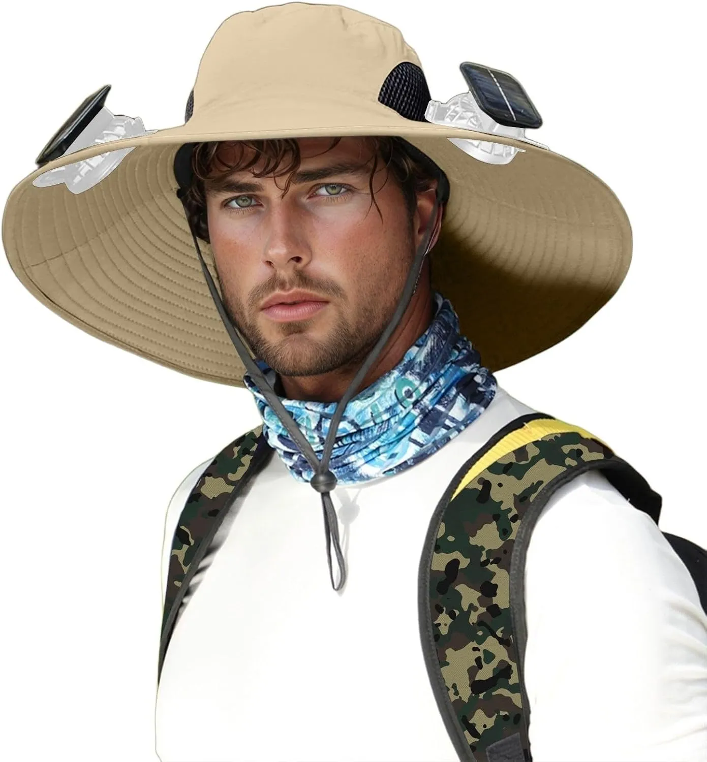 Outdoor Wide Brim Sun Hat with 3 Solar Fan Sun Bucket Hat for Men Women Bucket Fishing & Beach Hat with Fan Built in
