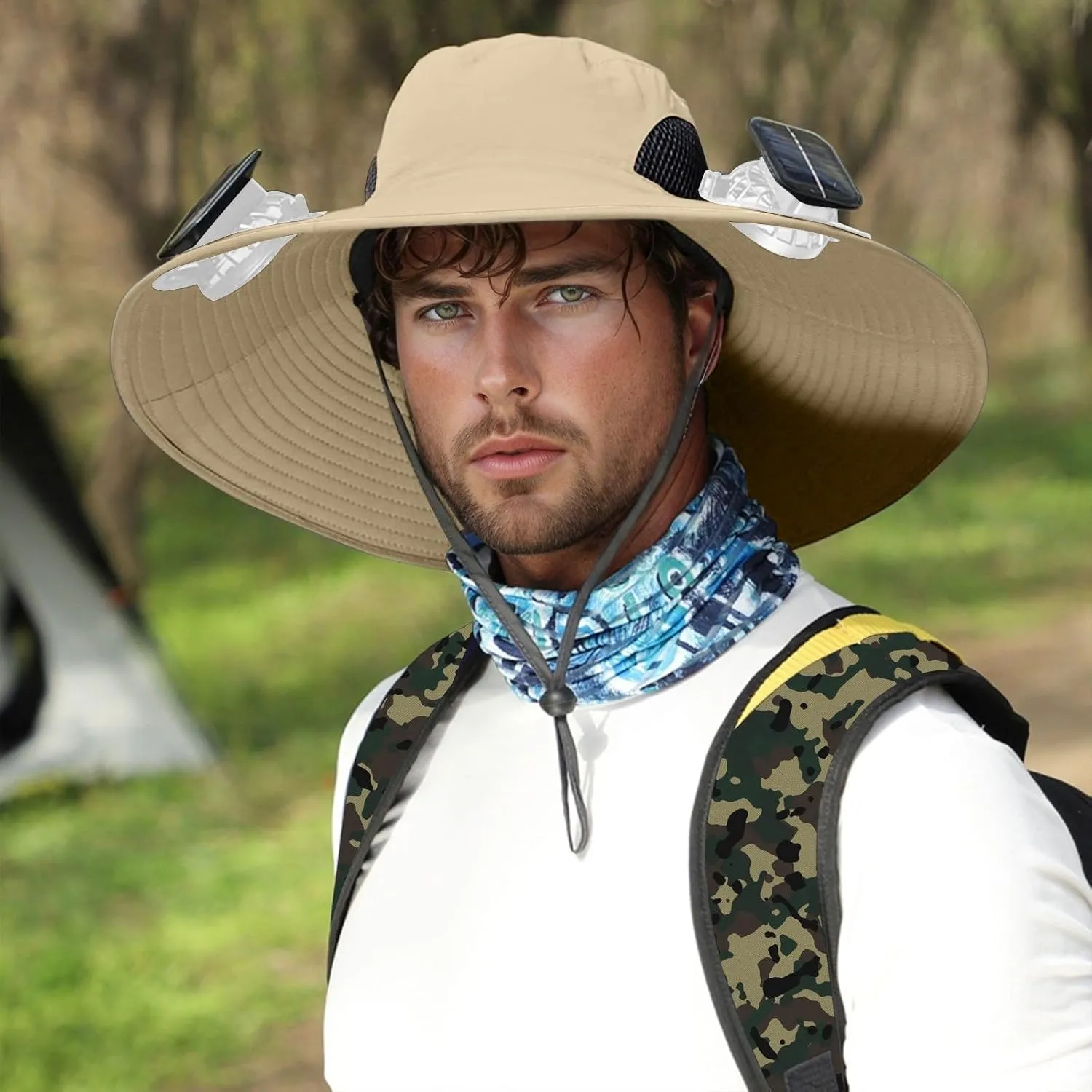 Outdoor Wide Brim Sun Hat with 3 Solar Fan Sun Bucket Hat for Men Women Bucket Fishing & Beach Hat with Fan Built in