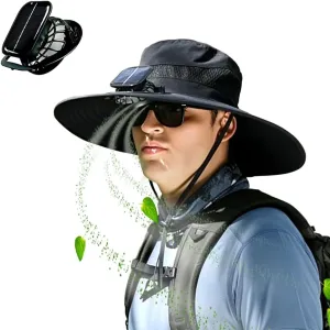 Outdoor Wide Brim Sun Hat with Solar Fan, UPF 50  Bucket Fishing & Beach Hat, with Removable & USB Charging Fan