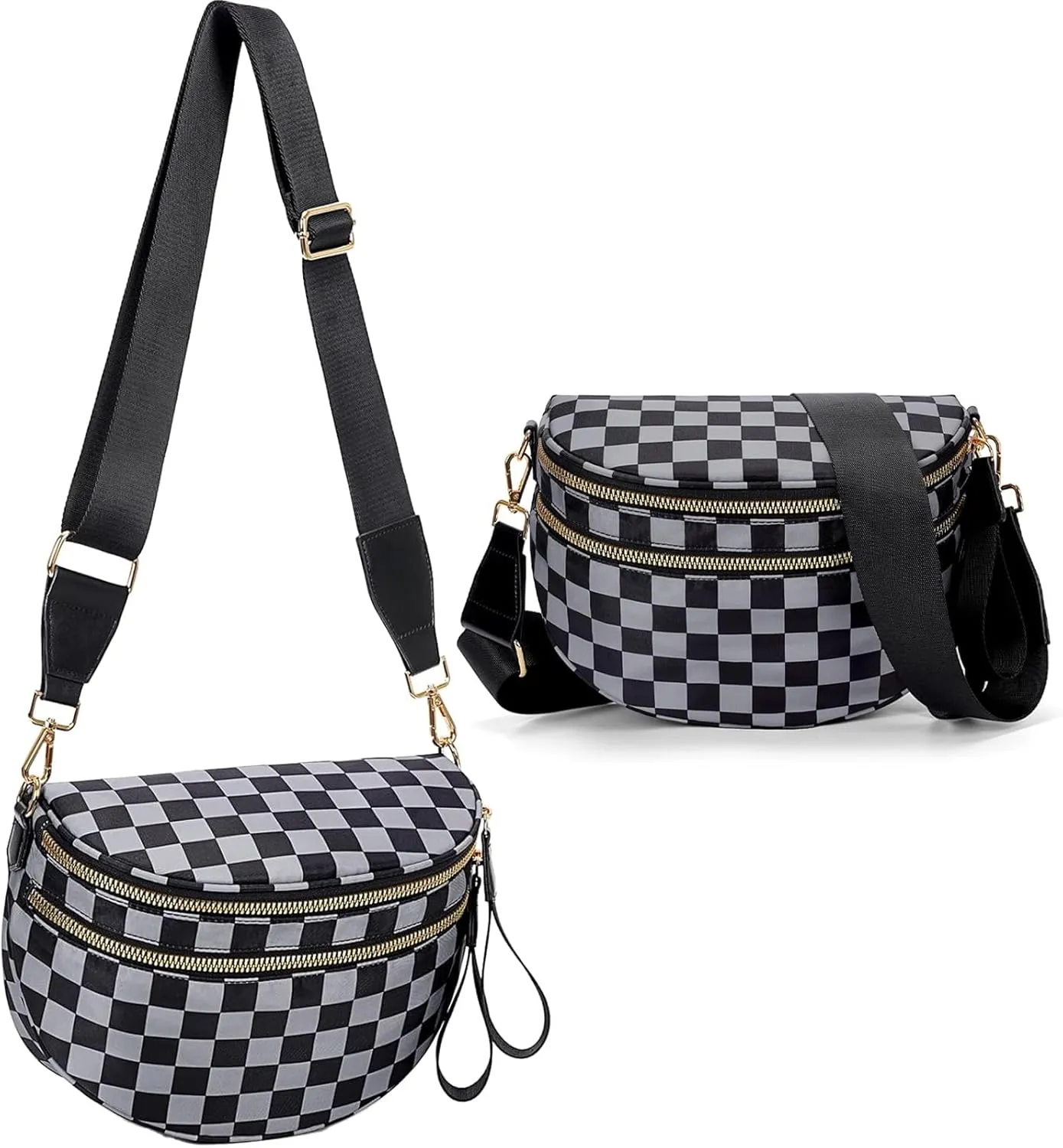 Oversized Black and White Checker Print Crossbody Bag for Women - Water Resistant Nylon Sling Bag with Vegan Leather Trim