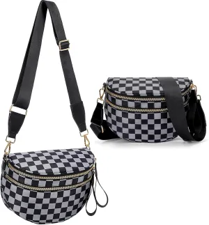 Oversized Black and White Checker Print Crossbody Bag for Women - Water Resistant Nylon Sling Bag with Vegan Leather Trim