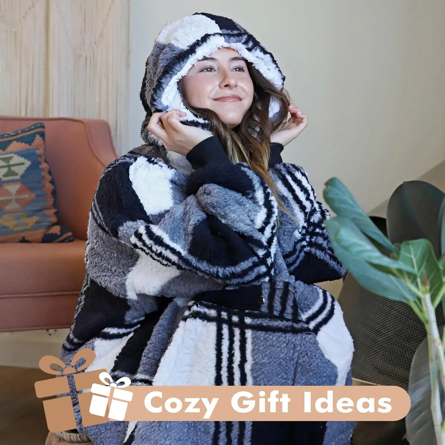 Oversized Hoodie Blanket Sweatshirt Comfortable Sherpa Giant Wearable Blankets Gift for Adults Men Women Teenagers Wife Girlfriend Plaid Black