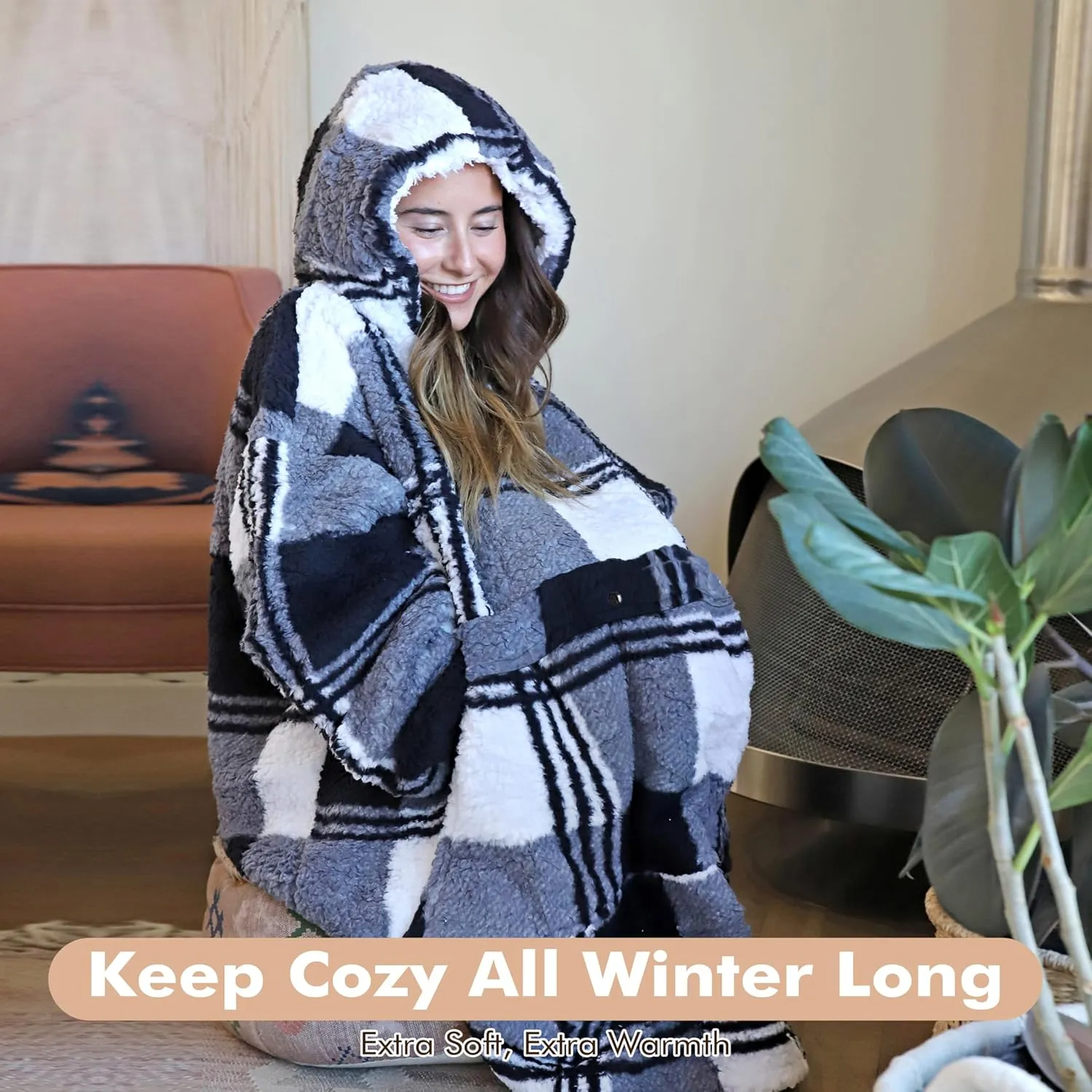 Oversized Hoodie Blanket Sweatshirt Comfortable Sherpa Giant Wearable Blankets Gift for Adults Men Women Teenagers Wife Girlfriend Plaid Black