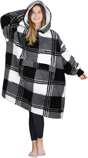 Oversized Hoodie Blanket Sweatshirt Comfortable Sherpa Giant Wearable Blankets Gift for Adults Men Women Teenagers Wife Girlfriend Plaid Black