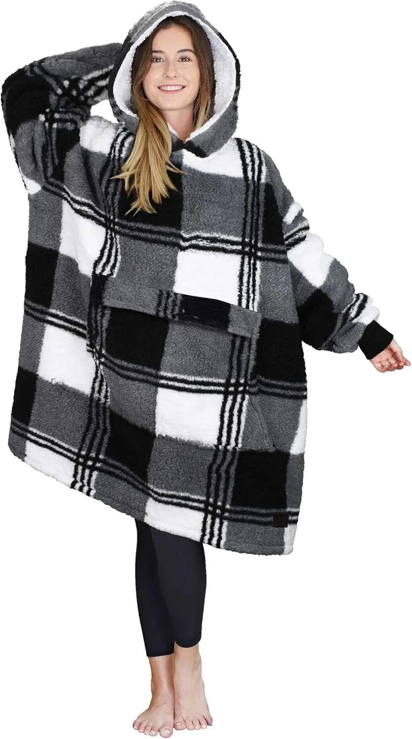 Oversized Hoodie Blanket Sweatshirt Comfortable Sherpa Giant Wearable Blankets Gift for Adults Men Women Teenagers Wife Girlfriend Plaid Black