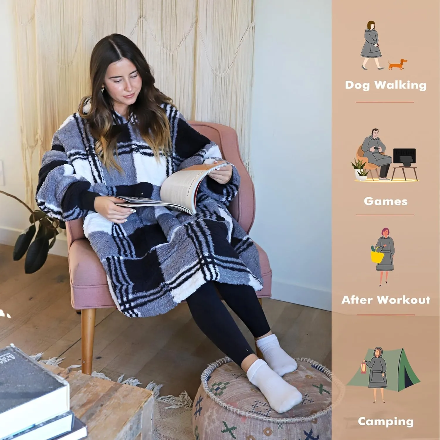 Oversized Hoodie Blanket Sweatshirt Comfortable Sherpa Giant Wearable Blankets Gift for Adults Men Women Teenagers Wife Girlfriend Plaid Black