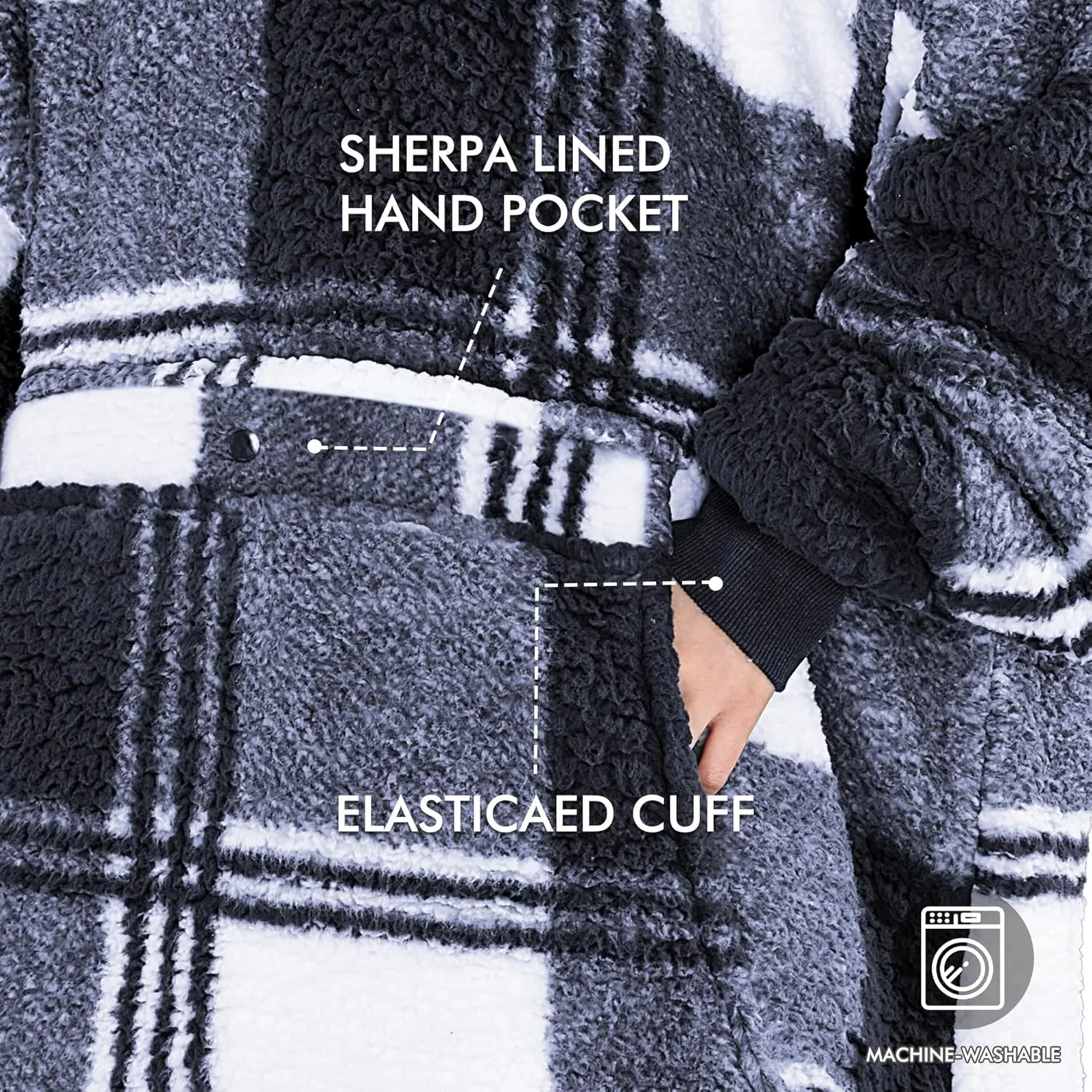 Oversized Hoodie Blanket Sweatshirt Comfortable Sherpa Giant Wearable Blankets Gift for Adults Men Women Teenagers Wife Girlfriend Plaid Black