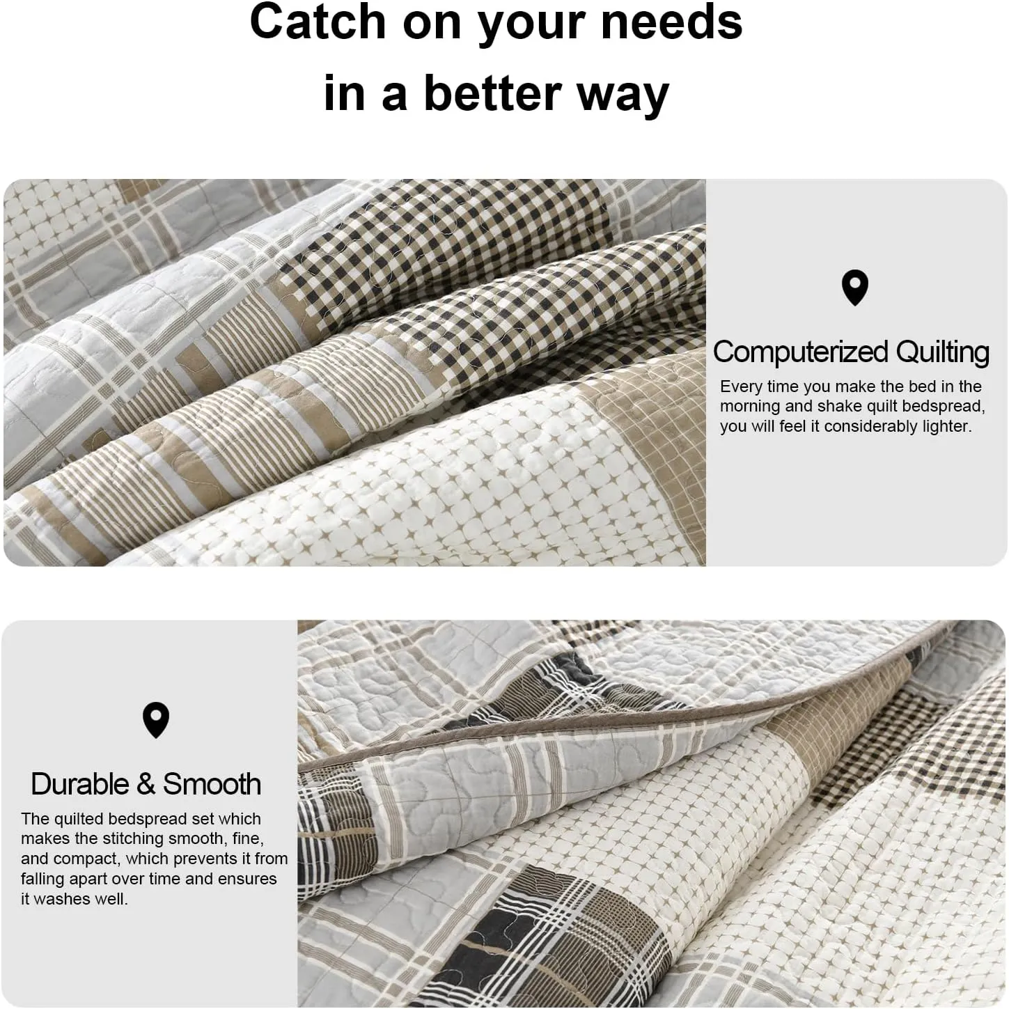PANGUSHAN 100% Cotton Quilt Set King Size, King Size Farmhouse Plaid Patchwork Reversible Rustic Quilt Bedding Set Quilted Bedspread Lightweight Comforter for King Bed, 3pcs, Gray/Cream/Beige