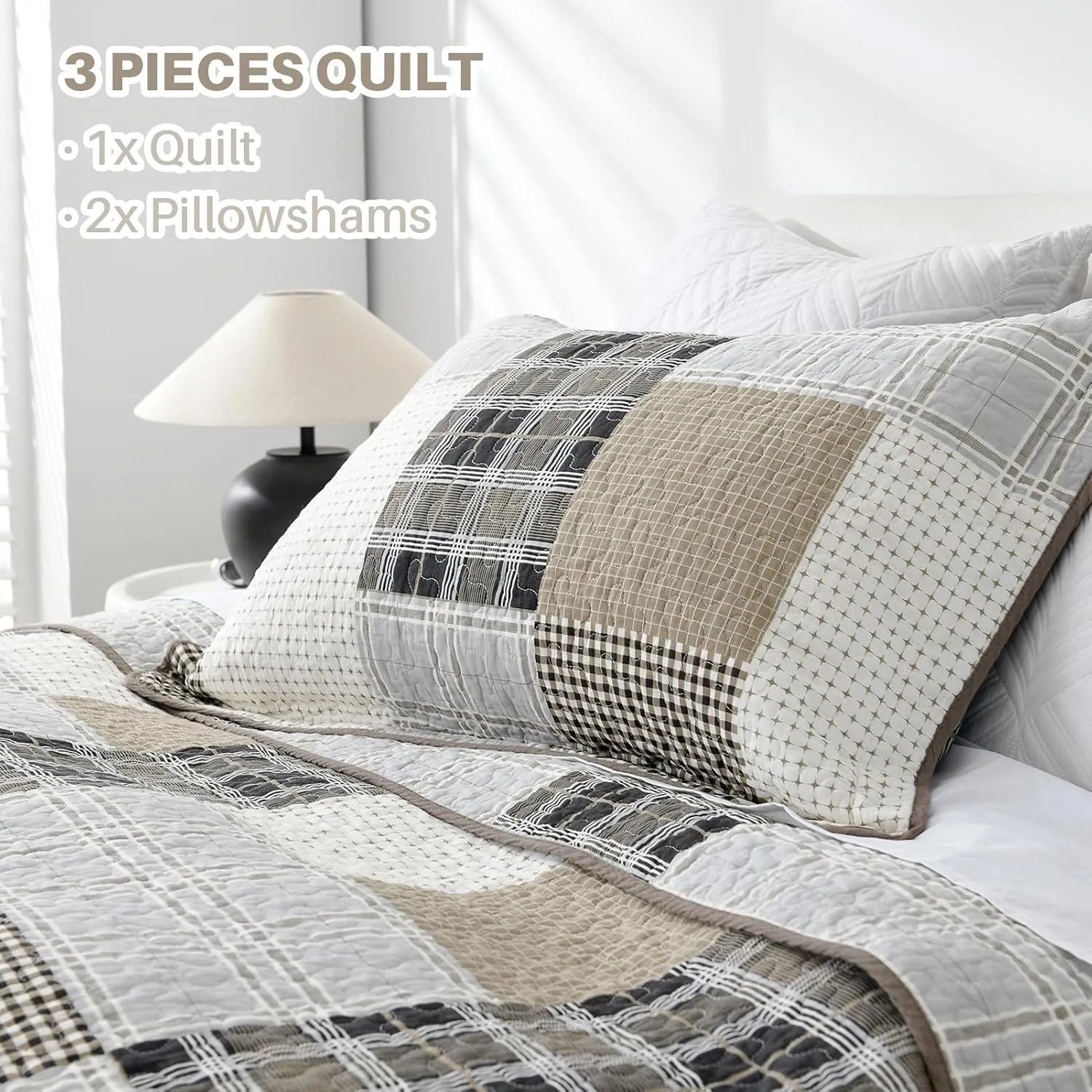 PANGUSHAN 100% Cotton Quilt Set King Size, King Size Farmhouse Plaid Patchwork Reversible Rustic Quilt Bedding Set Quilted Bedspread Lightweight Comforter for King Bed, 3pcs, Gray/Cream/Beige