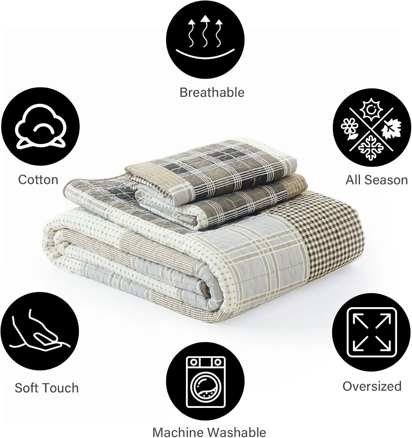 PANGUSHAN 100% Cotton Quilt Set King Size, King Size Farmhouse Plaid Patchwork Reversible Rustic Quilt Bedding Set Quilted Bedspread Lightweight Comforter for King Bed, 3pcs, Gray/Cream/Beige