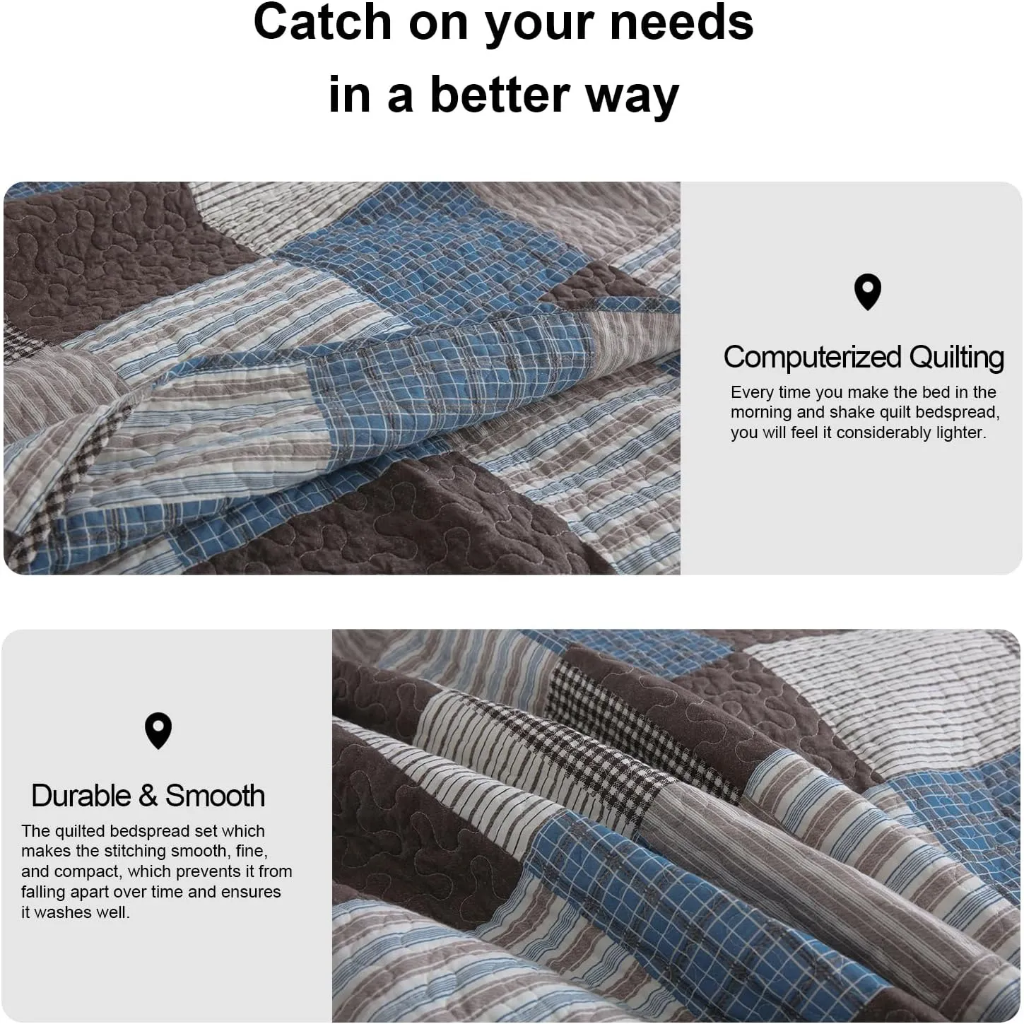 PANGUSHAN 100% Cotton Quilt Set Queen Size, Patchwork Plaid Queen Quilt Bedding Set Bedspreads, Farmhouse Lightweight Comforter Reversible Quilt, Blue/Brown Bed Spread for Queen Bed, 3 Pieces