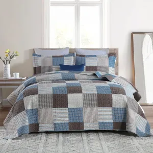 PANGUSHAN 100% Cotton Quilt Set Queen Size, Patchwork Plaid Queen Quilt Bedding Set Bedspreads, Farmhouse Lightweight Comforter Reversible Quilt, Blue/Brown Bed Spread for Queen Bed, 3 Pieces