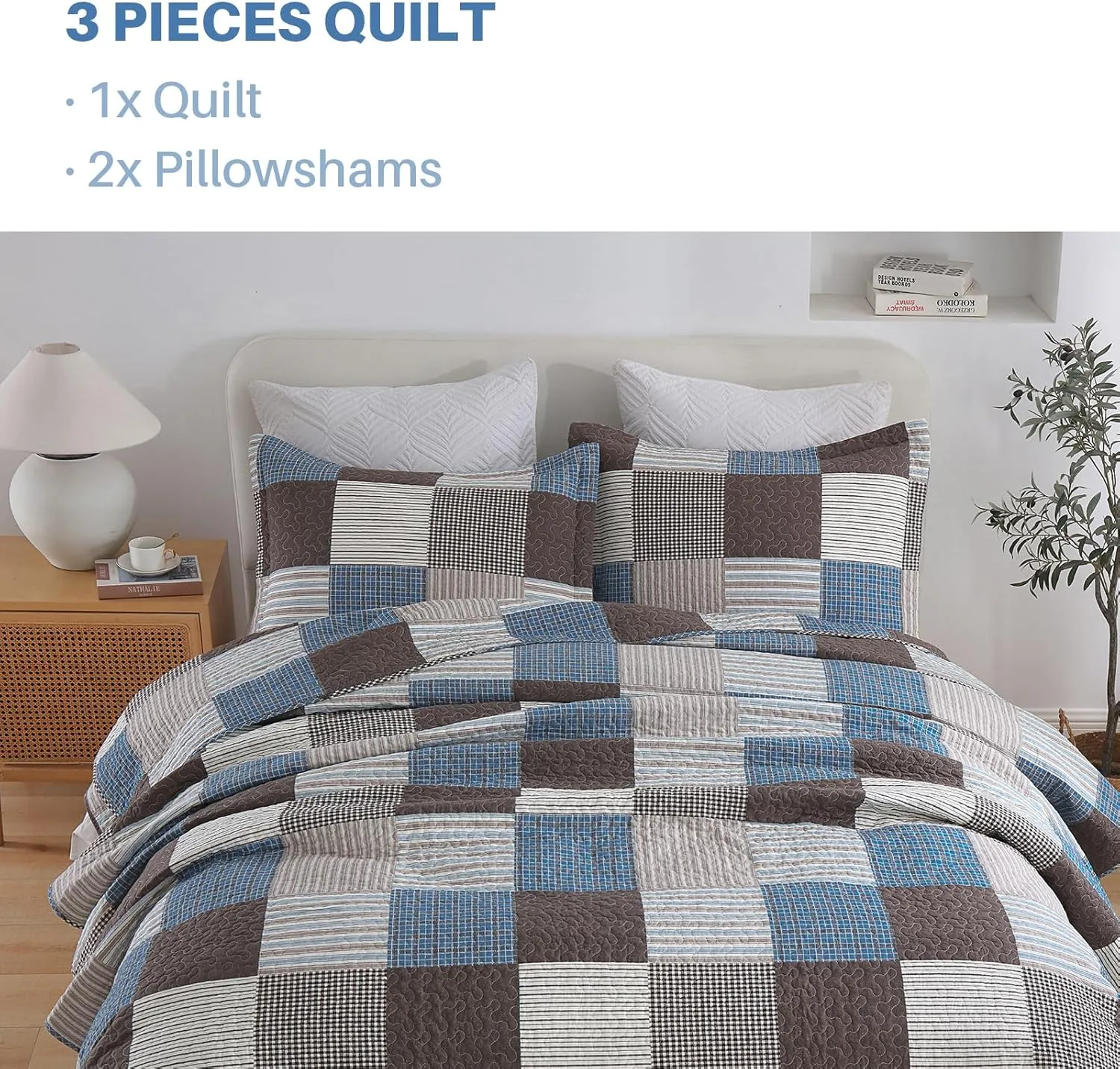 PANGUSHAN 100% Cotton Quilt Set Queen Size, Patchwork Plaid Queen Quilt Bedding Set Bedspreads, Farmhouse Lightweight Comforter Reversible Quilt, Blue/Brown Bed Spread for Queen Bed, 3 Pieces