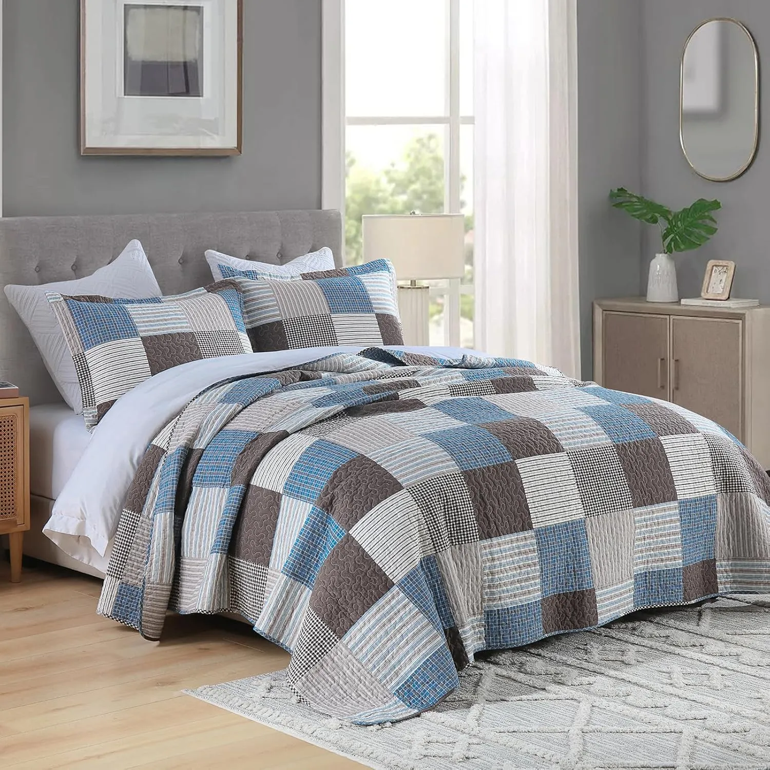 PANGUSHAN 100% Cotton Quilt Set Queen Size, Patchwork Plaid Queen Quilt Bedding Set Bedspreads, Farmhouse Lightweight Comforter Reversible Quilt, Blue/Brown Bed Spread for Queen Bed, 3 Pieces