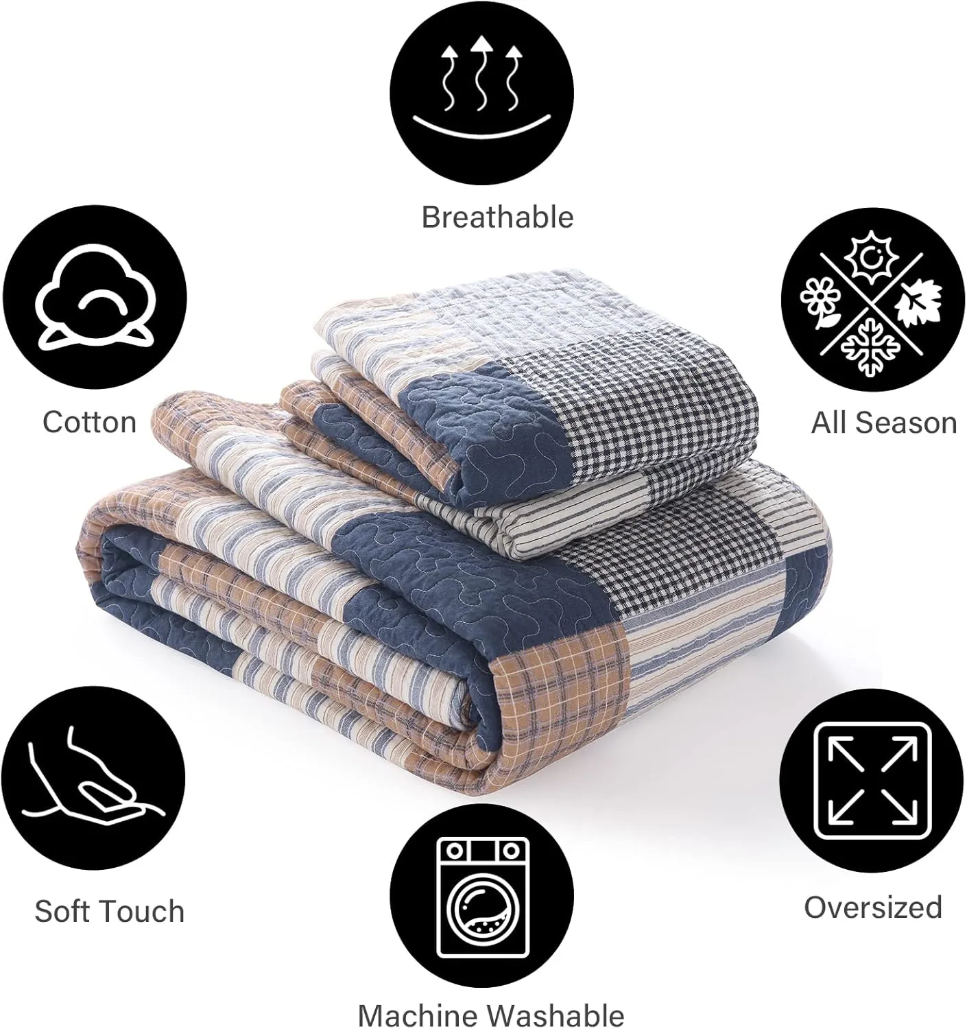 PANGUSHAN 100% Cotton Quilt Set Queen Size, Patchwork Plaid Queen Quilt Bedding Set Bedspreads, Farmhouse Lightweight Comforter Reversible Quilt, Navy/Brown/White Bed Spread for Queen Bed, 3 Pieces